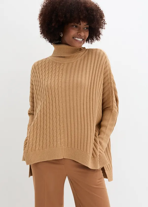 Oversize-Poncho Pullover in beige von vorne (im Anschnitt) - bonprix