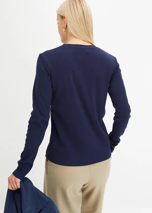 Geripptes Langarmshirt aus reiner Baumwolle in blau von hinten (im Anschnitt) - bonprix Geripptes Langarmshirt aus reiner Baumwolle in blau von hinten (im Anschnitt) - bonprix