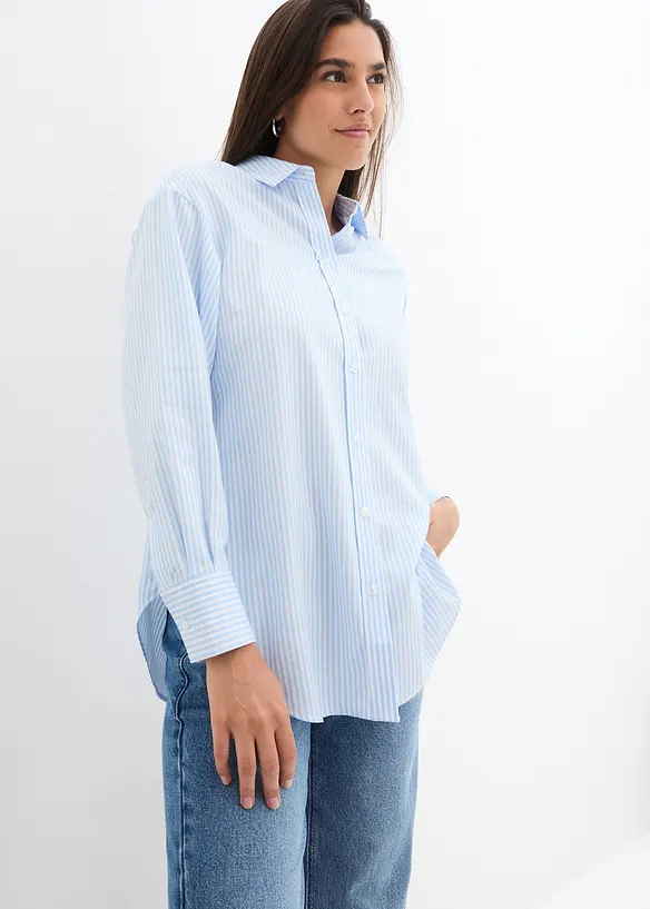 Hemdbluse aus reiner Baumwolle in blau von vorne (im Anschnitt) - bonprix Hemdbluse aus reiner Baumwolle in blau von vorne (im Anschnitt) - bonprix