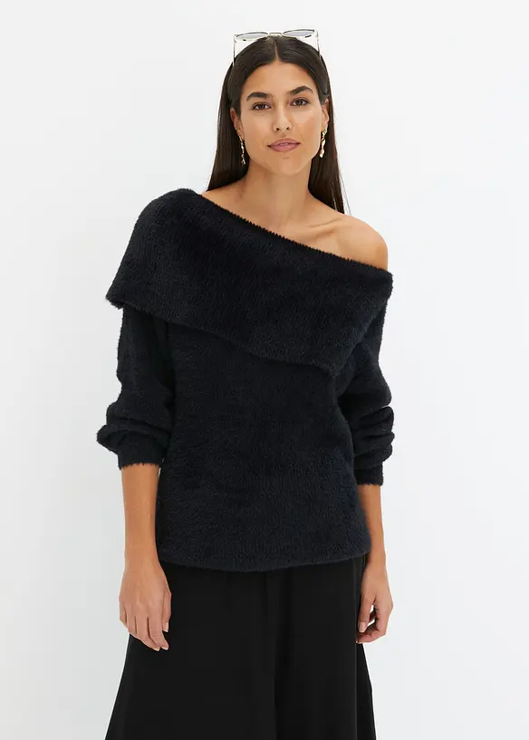 Asymmetrischer Off-Shoulder Pullover in schwarz von vorne (im Anschnitt) - bonprix Asymmetrischer Off-Shoulder Pullover in schwarz von vorne (im Anschnitt) - bonprix
