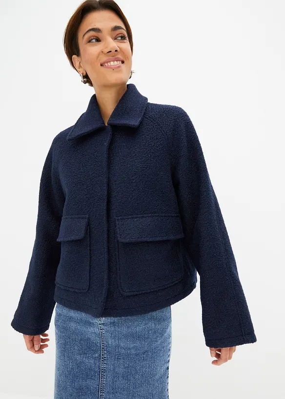 Übergangs-Teddyjacke aus Bouclé in blau von vorne (im Anschnitt) - bonprix