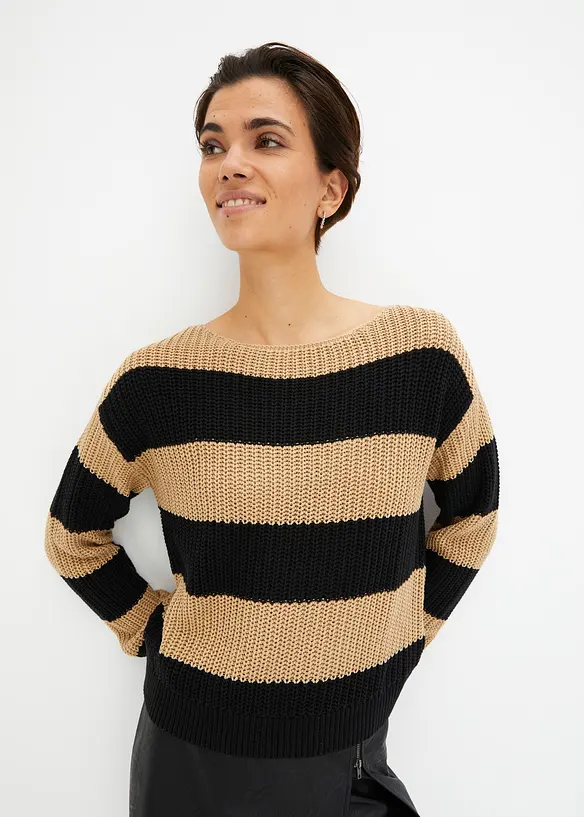 Gestreifter Strickpullover in beige von vorne (im Anschnitt) - bonprix