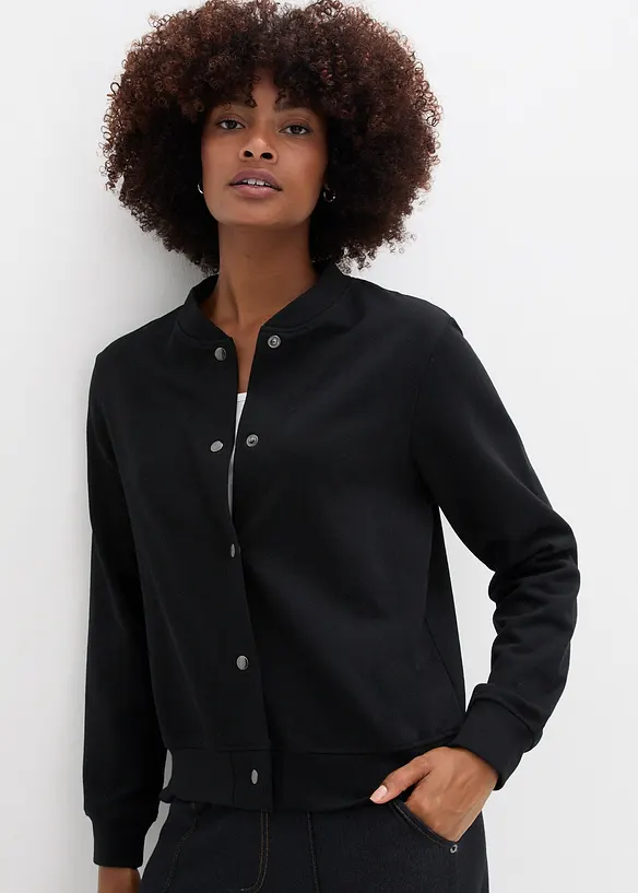 Sweatjacke mit Knopfleiste in schwarz von vorne (im Anschnitt) - bonprix