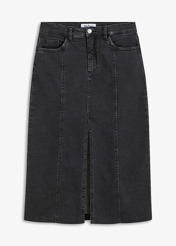 Midi Jeansrock mit Schlitz in schwarz von vorne - bonprix