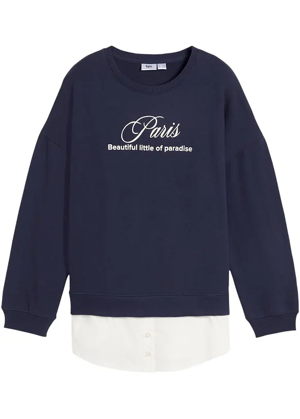 Sweatshirt mit Bluseneinsatz in blau von vorne - bonprix