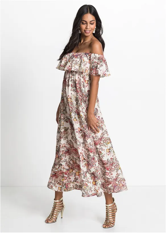 Carmen-Kleid aus fließender Viskose in beige von vorne (Totalaufnahme) - bonprix Carmen-Kleid aus fließender Viskose in beige von vorne (Totalaufnahme) - bonprix