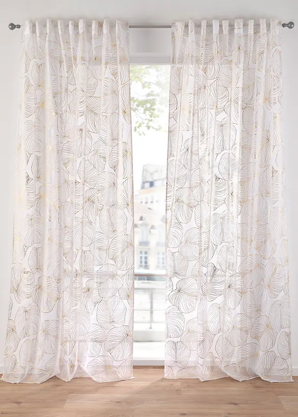 Voile Gardine Mit Glanzstreifen – Goldene Folie, Transparent, Mit Kräuselband, 140x175 Cm (1 Stück)