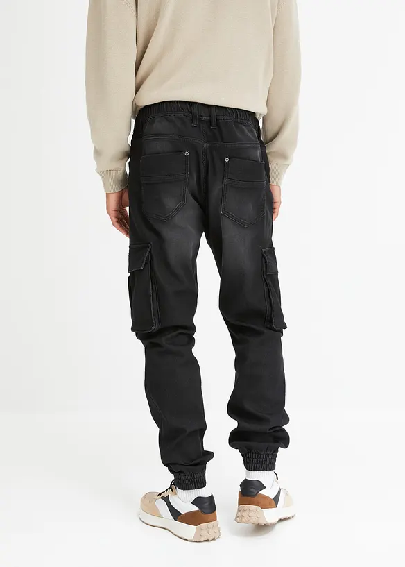 Slim-Fit Cargo-Jeans-Jogger mit Dehnbund, Straight in schwarz von hinten - bonprix
