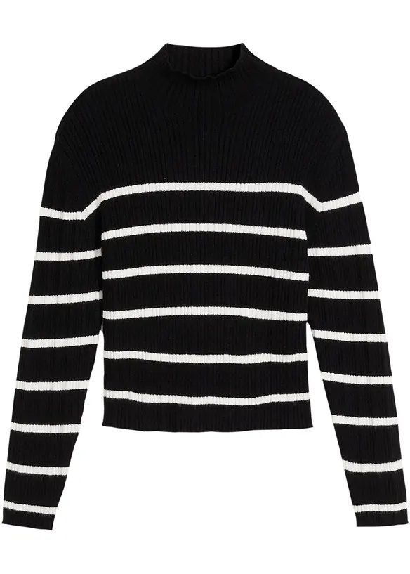 Mädchen Rippen-Strickpullover in schwarz von vorne - bonprix