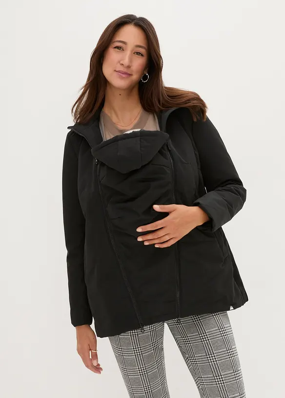 Leicht wattierte 3-in-1 Umstandsfunktionsjacke mit Trageeinsatz in schwarz von vorne (im Anschnitt) - bonprix