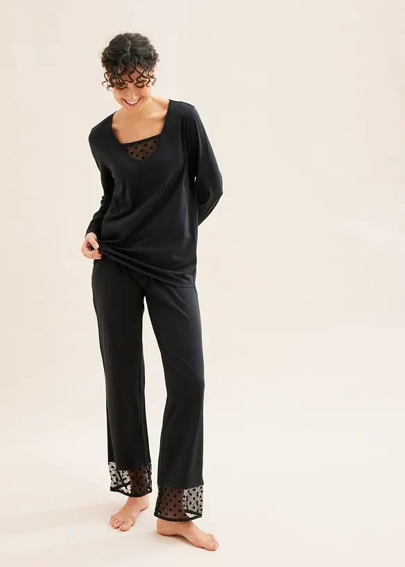 Pyjama mit zartem Mesh in schwarz von vorne (Totalaufnahme) - bonprix