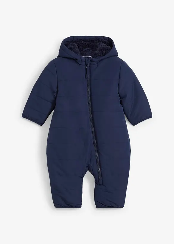 Wattierter wasserabweisender Baby Schneeanzug mit Teddyfleece in blau von vorne - bonprix