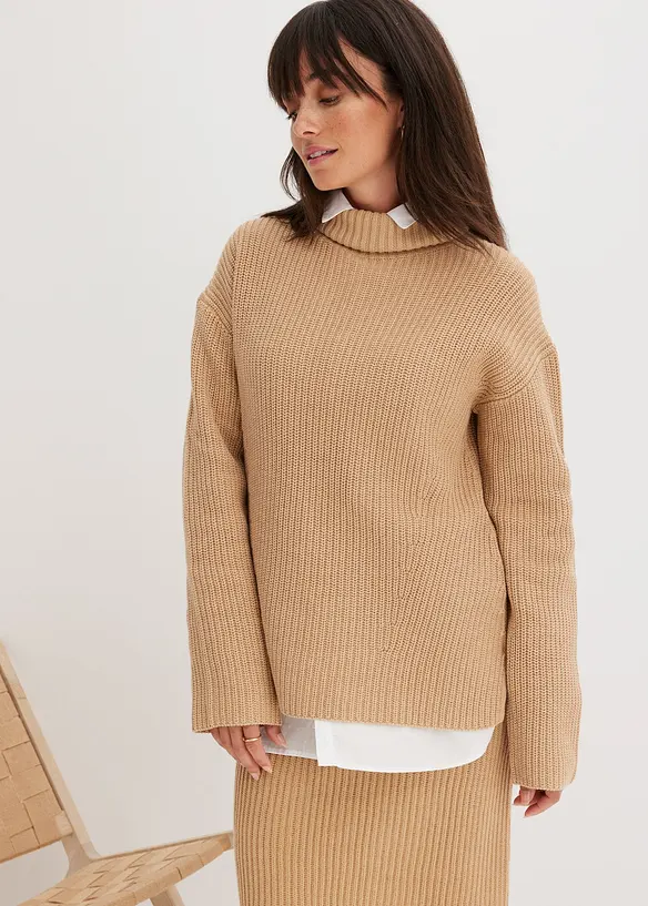 Rollkragenpullover aus reiner Bio-Baumwolle in beige von vorne (im Anschnitt) - bonprix Rollkragenpullover aus reiner Bio-Baumwolle in beige von vorne (im Anschnitt) - bonprix
