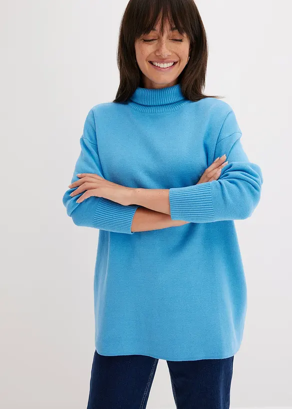 Gerippter Pullover aus reiner Baumwolle in blau von vorne (im Anschnitt) - bonprix