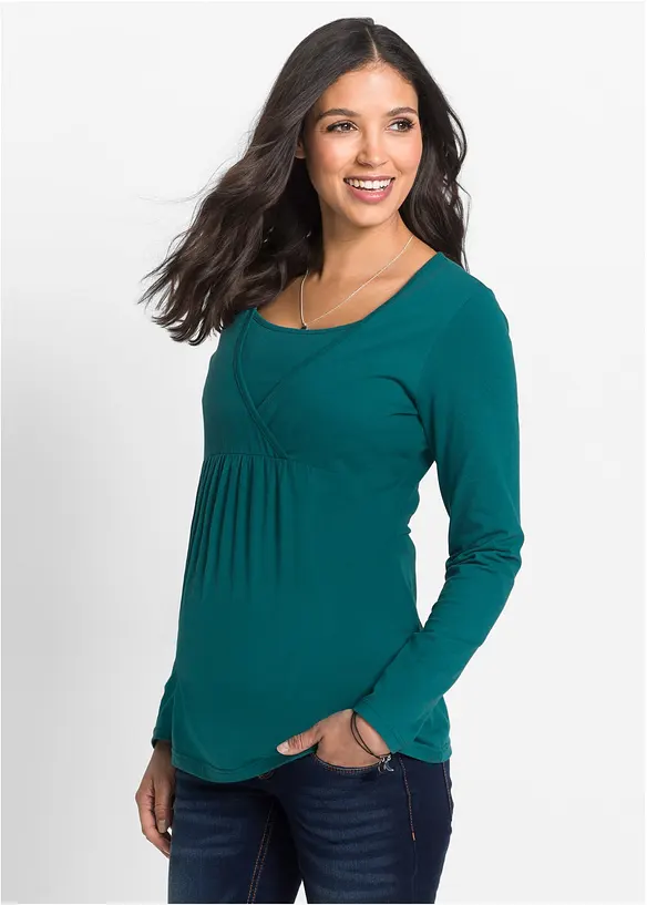 2-in-1 Umstands- und Stillshirt aus Bio-Baumwolle in petrol von vorne (im Anschnitt) - bonprix