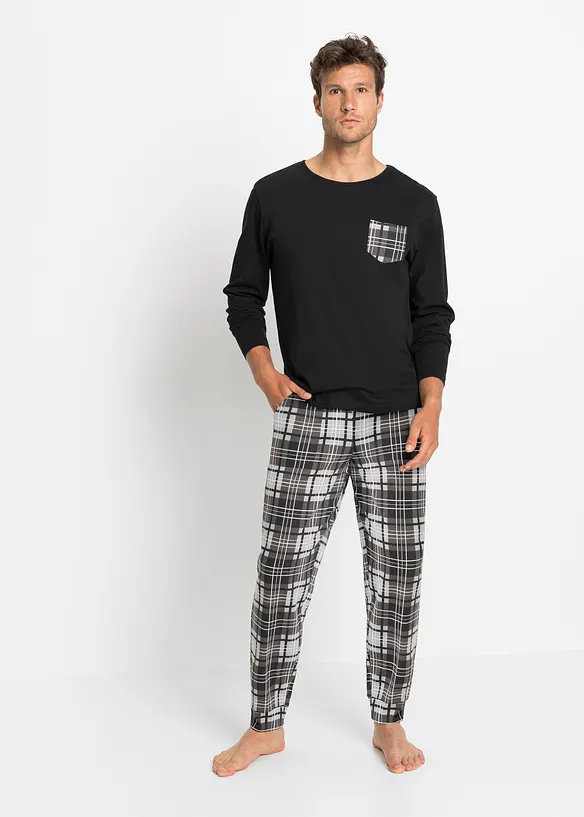 Pyjama aus reiner Baumwolle in schwarz von vorne (Totalaufnahme) - bonprix
