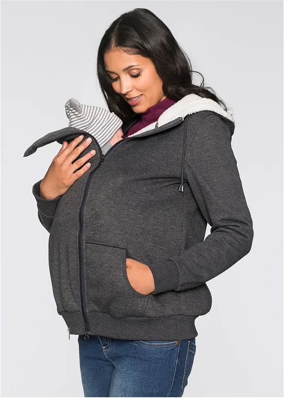Umstands-Sweatjacke mit Baby-Einsatz und flauschiger Innenseite in grau von vorne (im Anschnitt) - bonprix
