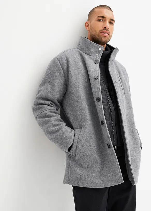 Winterjacke mit Windfang in Wolloptik in grau von vorne (im Anschnitt) - bonprix