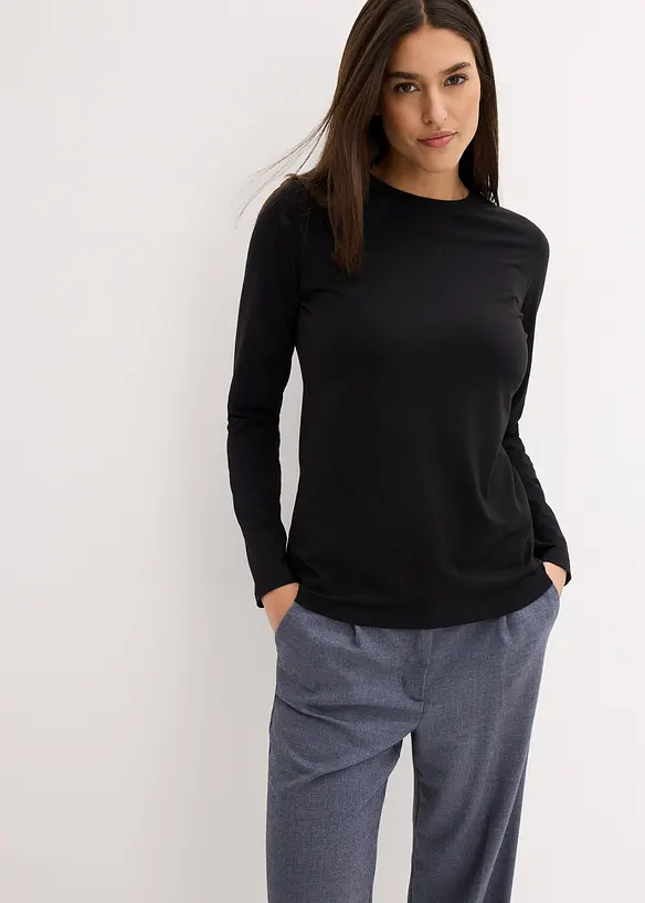 Slim-Fit Shirt mit reiner Bio-Baumwolle (2er Pack) in schwarz von vorne (im Anschnitt) - bonprix