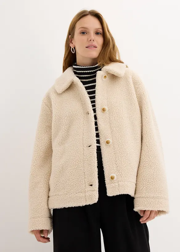 Gefütterte Teddyjacke mit Kragen in beige von vorne (im Anschnitt) - bonprix