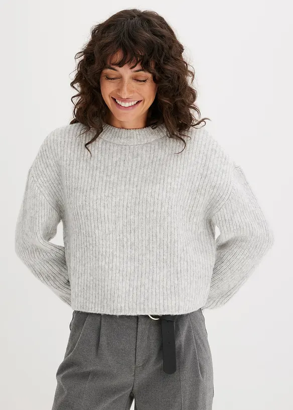 Grobstrick-Pullover aus weichem Woll-Mix in grau von vorne (im Anschnitt) - bonprix Grobstrick-Pullover aus weichem Woll-Mix in grau von vorne (im Anschnitt) - bonprix