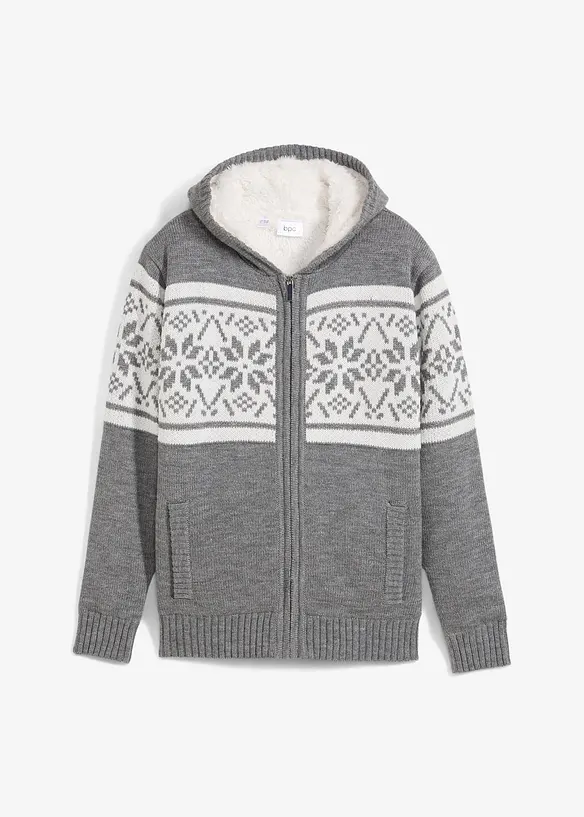 Jungen Strickjacke mit Fleece in grau von vorne - bonprix