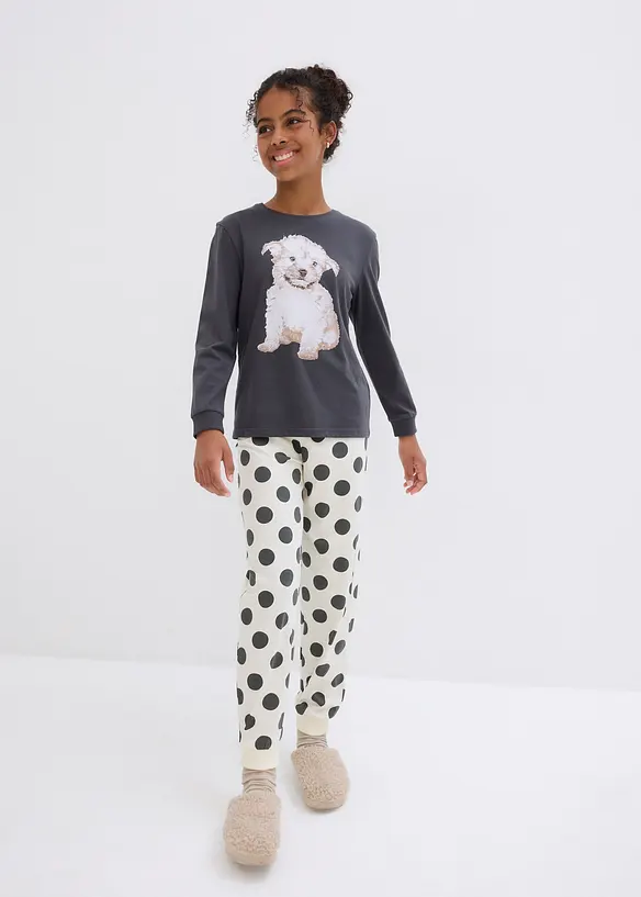 Pyjama aus reiner Bio-Baumwolle  (2-tlg. Set) in grau von vorne (Totalaufnahme) - bonprix