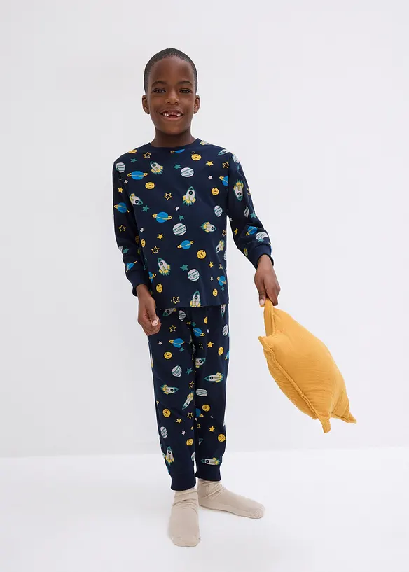 Pyjama aus reiner Bio-Baumwolle  (4-tlg. Set) in blau von vorne (Totalaufnahme) - bonprix