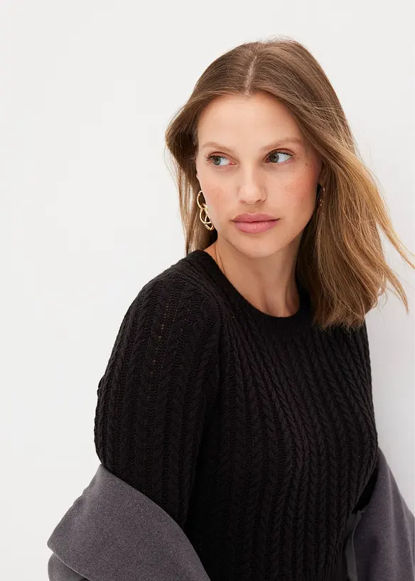 Ausgestelltes Strickkleid mit Zopfmuster in schwarz (Detailaufnahme) - bonprix