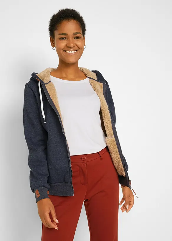 Kapuzen-Sweatjacke mit Teddyfutter in grau von vorne (im Anschnitt) - bonprix Kapuzen-Sweatjacke mit Teddyfutter in grau von vorne (im Anschnitt) - bonprix