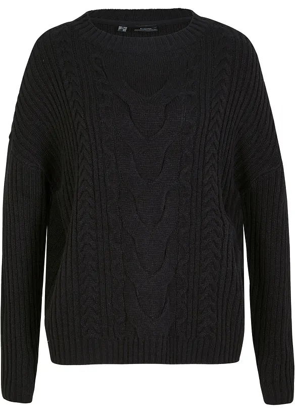 Oversize-Pullover mit Zopfmuster in schwarz von vorne - bonprix