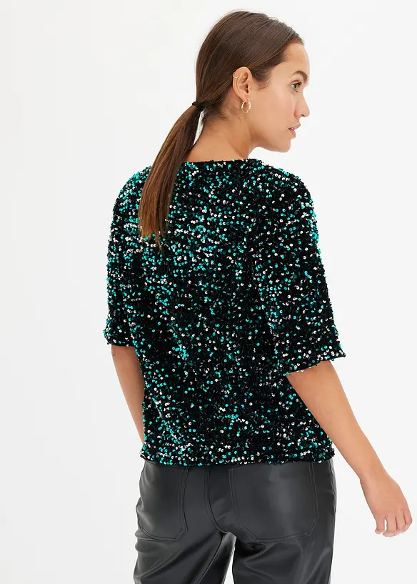 Pailletten-Shirt aus softem Samt in schwarz von hinten (im Anschnitt) - bonprix