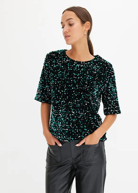 Pailletten-Shirt aus softem Samt in schwarz von vorne (im Anschnitt) - bonprix