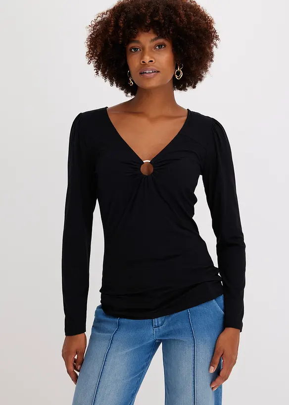 Langarmshirt aus softem Viskose-Mix in schwarz von vorne (im Anschnitt) - bonprix