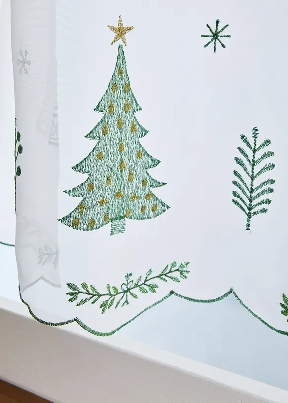 Scheibengardine mit Tannenbaum-Stickerei in weiß Detailaufnahme vom Material - bonprix