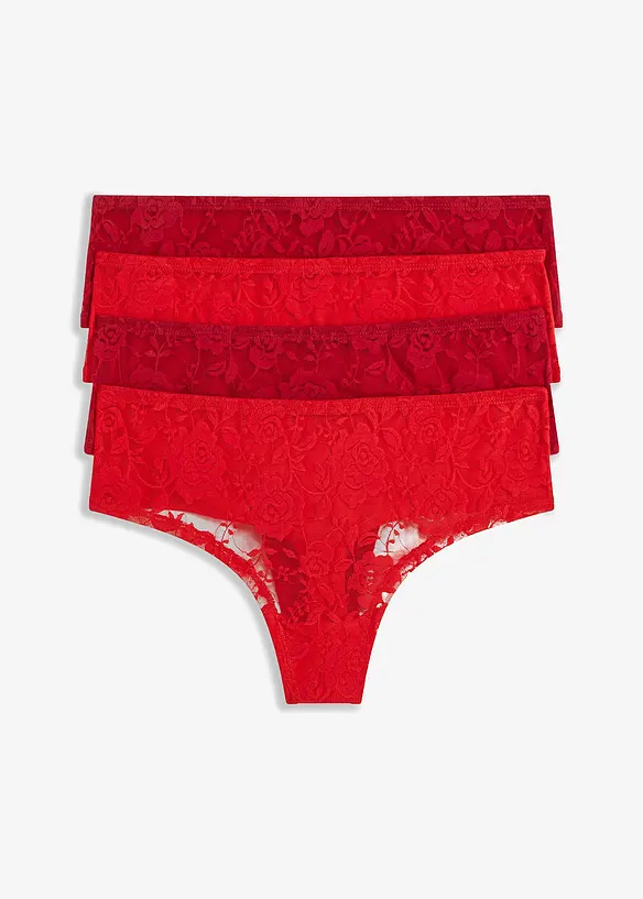 String Panty mit recycelter Spitze mit Bio-Baumwolle (4er Pack) in rot von vorne - bonprix