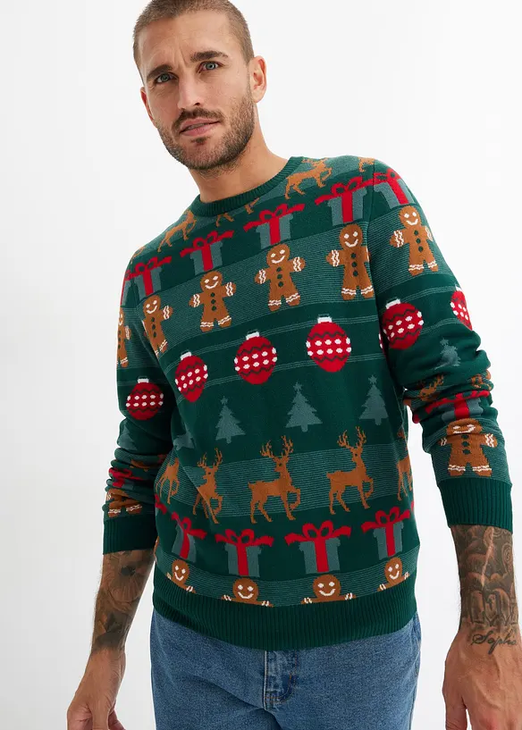 Feinstrickpullover mit Weihnachtsmotiv in grün von vorne (im Anschnitt) - bonprix