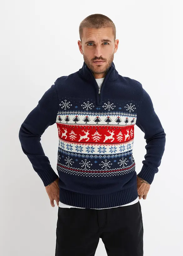 Norweger-Pullover mit Stehkragen in blau von vorne (im Anschnitt) - bonprix