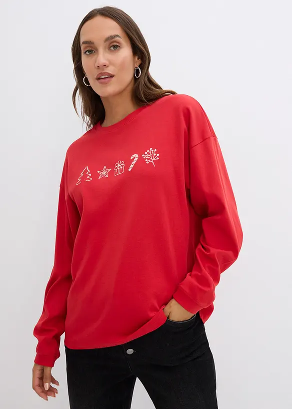 Besticktes Weihnachts-Langarmshirt, oversized in rot von vorne (im Anschnitt) - bonprix Besticktes Weihnachts-Langarmshirt, oversized in rot von vorne (im Anschnitt) - bonprix