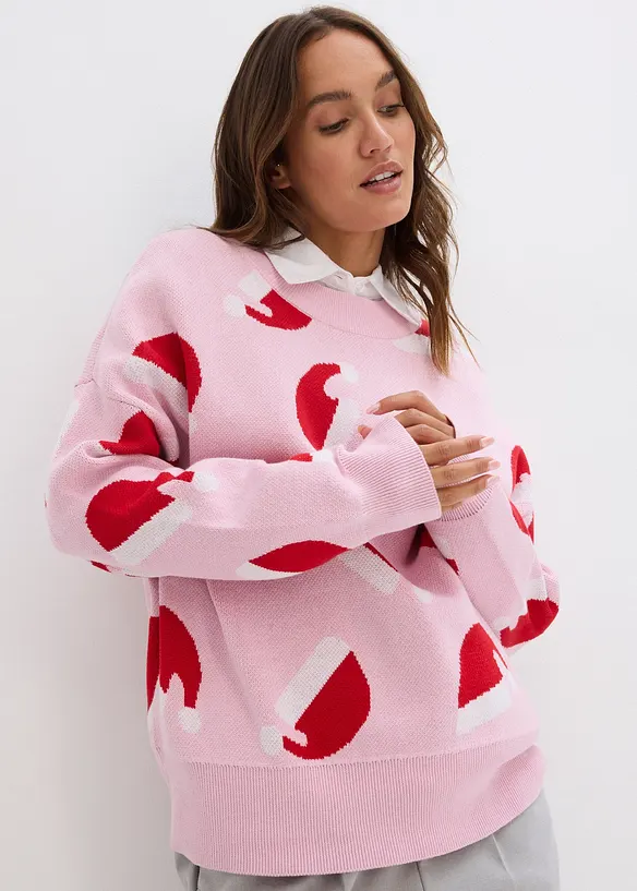 Feinstrickpullover mit Rundhals, oversized in rosa von vorne (im Anschnitt) - bonprix