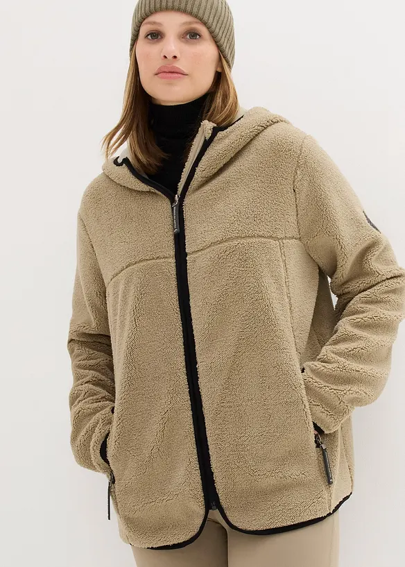 Teddy-Fleece Jacke mit Kapuze in beige von vorne (im Anschnitt) - bonprix