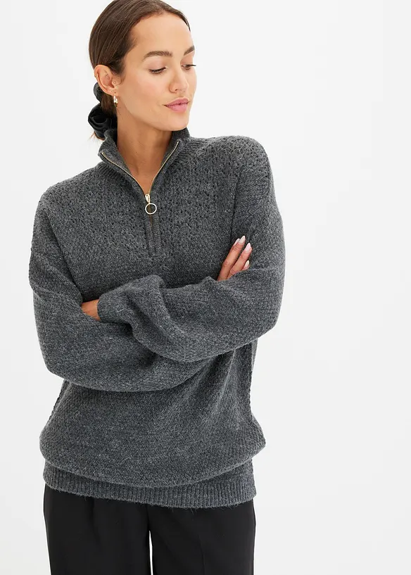 Troyer-Pullover mit Ajourmuster in grau von vorne (im Anschnitt) - bonprix Troyer-Pullover mit Ajourmuster in grau von vorne (im Anschnitt) - bonprix