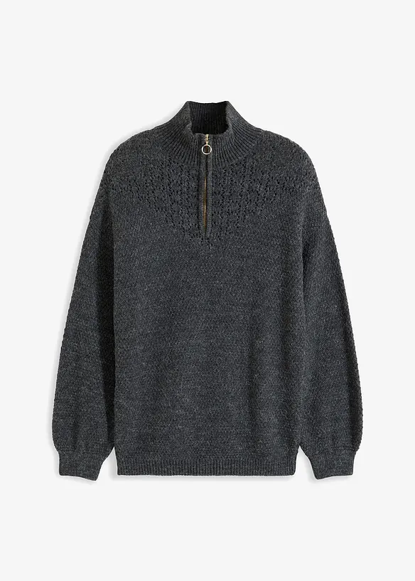 Troyer-Pullover mit Ajourmuster in grau von vorne - bonprix Troyer-Pullover mit Ajourmuster in grau von vorne - bonprix