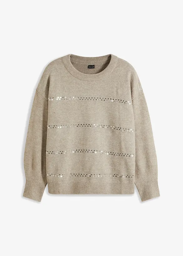 Boxy-Pullover mit Pailletten in grau von vorne - bonprix