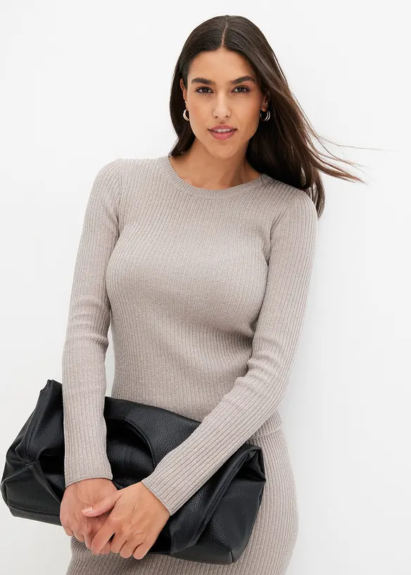 Feinstrickpullover aus softem Viskose-Mix mit Glitzereffekt in grau von vorne (im Anschnitt) - bonprix Feinstrickpullover aus softem Viskose-Mix mit Glitzereffekt in grau von vorne (im Anschnitt) - bonprix
