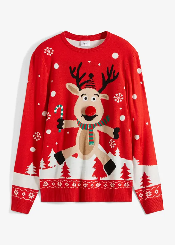 Feinstrickpullover mit Weihnachtsmotiv in rot von vorne - bonprix