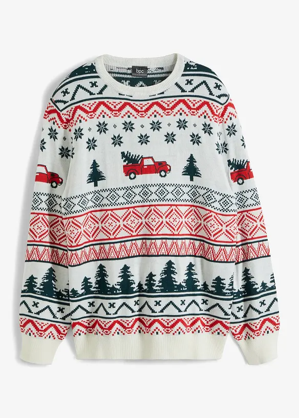 Feinstrickpullover mit Weihnachtsmotiv in weiß von vorne - bonprix