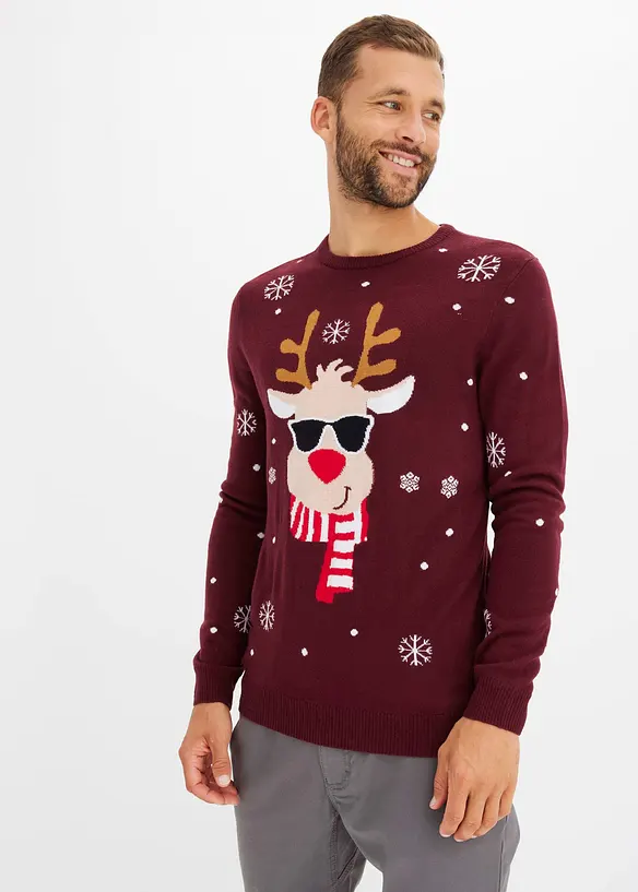 Feinstrickpullover mit Weihnachtsmotiv in rot von vorne (im Anschnitt) - bonprix