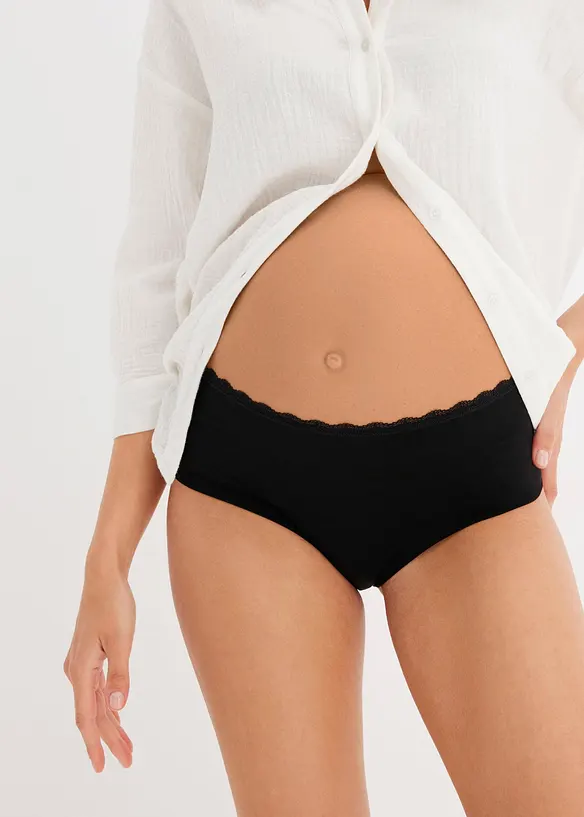 Umstandspanty mit Bio-Baumwolle und Spitze (3er Pack) in schwarz von vorne - bonprix