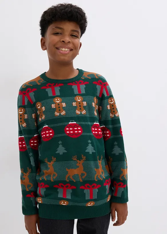 Feinstrickpullover mit Weihnachtsmotiv in grün von vorne (im Anschnitt) - bonprix